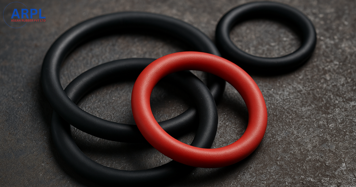 Precision o-rings in multiple elastomer compounds including black EPDM, red silicone, and FKM materials on industrial background